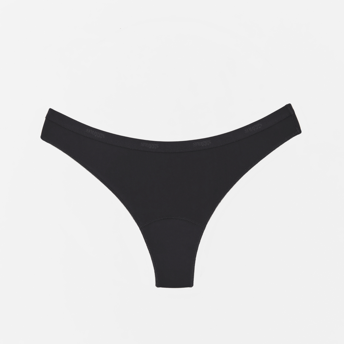 Brazilian period underwear in black, flat packshot showing the absorbent gusset