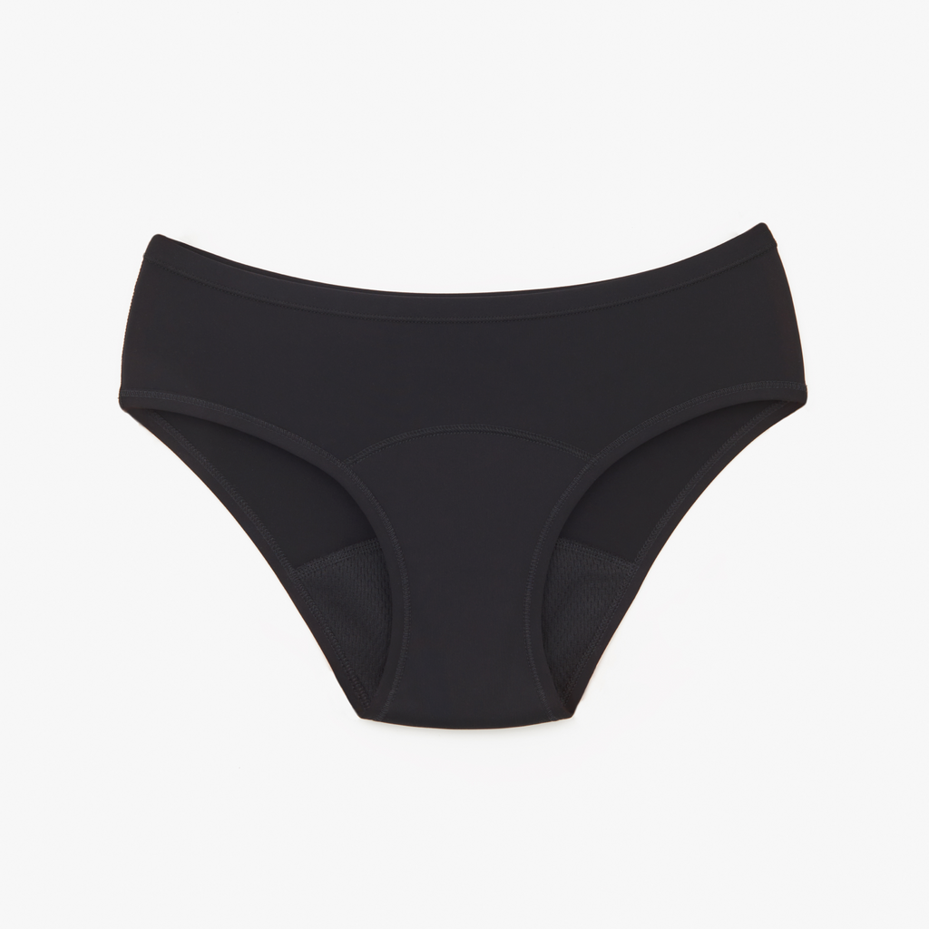 Classic Medium period underwear in black, flat packshot showing the absorbent gusset
