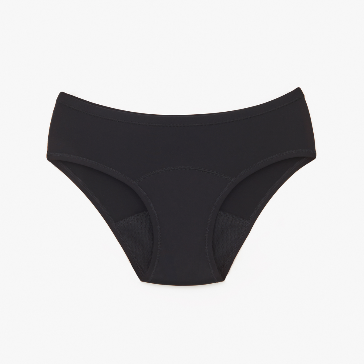 Classic Medium period underwear in black, flat packshot showing the absorbent gusset