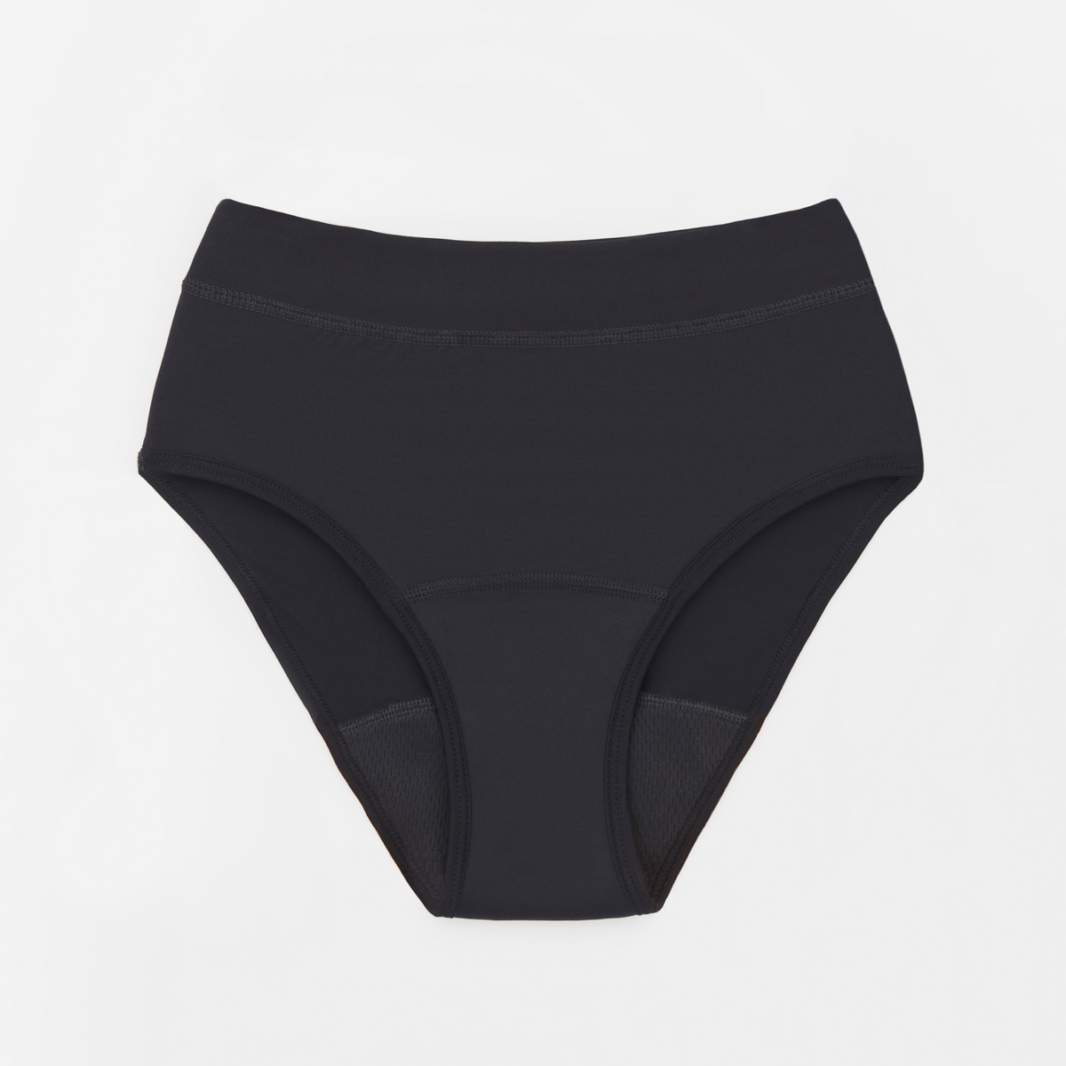 Hugger period underwear in black, flat packshot showing the absorbent gusset